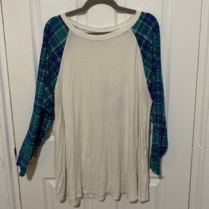 Cool Melon White Shirt with Green & Blue Plaid Pattern Long Sleeves Plus Size 3x